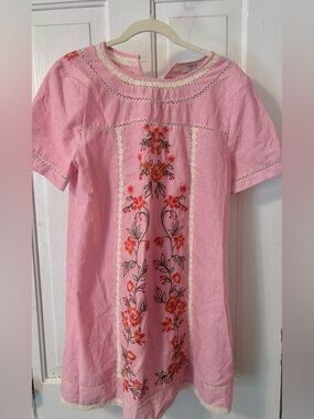 Embroidered Pink Stripe Shirt Dress